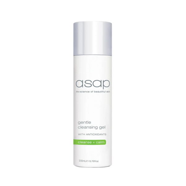 Witte flacon van de asap gentle cleansing gel met antioxidanten en zilverkleurige dop.