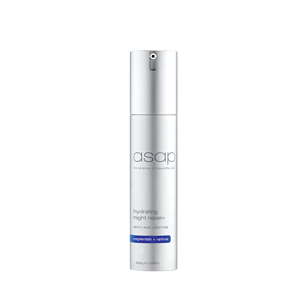 Zilverkleurige fles Asap Hydrating Night Repair+ gezichtsserum met blauwe en grijze opschriften.