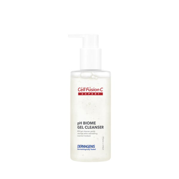 Transparante fles met pompje van Céll Fùsion C Expert pH Biome Gel Cleanser.