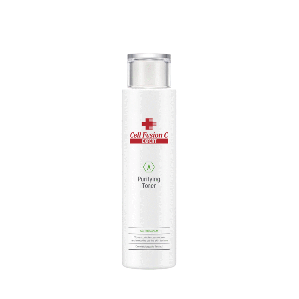 Witte fles Cell Fusion C Expert Purifying Toner met rood logo en groene accenten.
