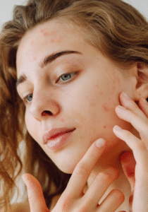 Jonge vrouw met jeugdpuistjes en acne die haar huid van dichtbij inspecteert.