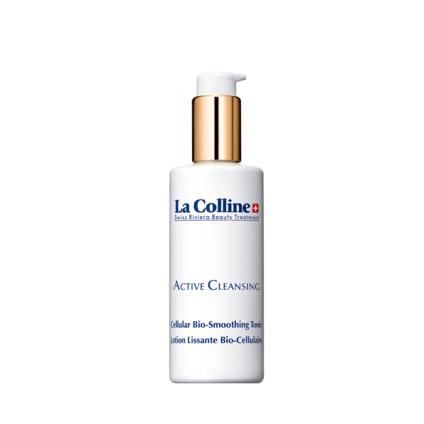 Witte flacon van La Colline Active Cleansing Cellular Bio-Smoothing Tonic van 150 ml met gouden pomp.
