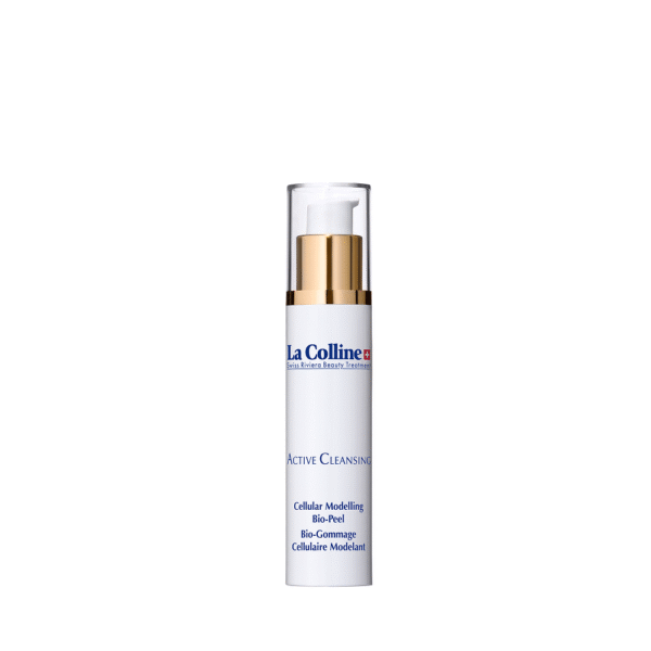 Witte pompflacon van La Colline Active Cleansing Cellular Modelling Bio-Peel 100ML tegen een witte achtergrond.