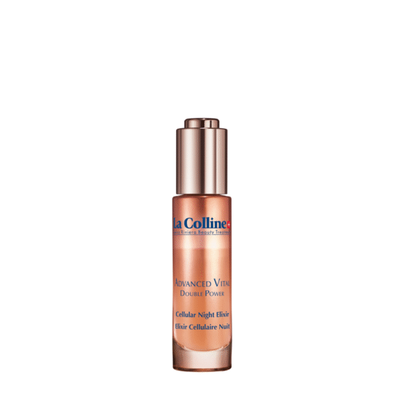 Flesje La Colline Advanced Vital Double Power Cellular Night Elixir van 30 ml tegen witte achtergrond.