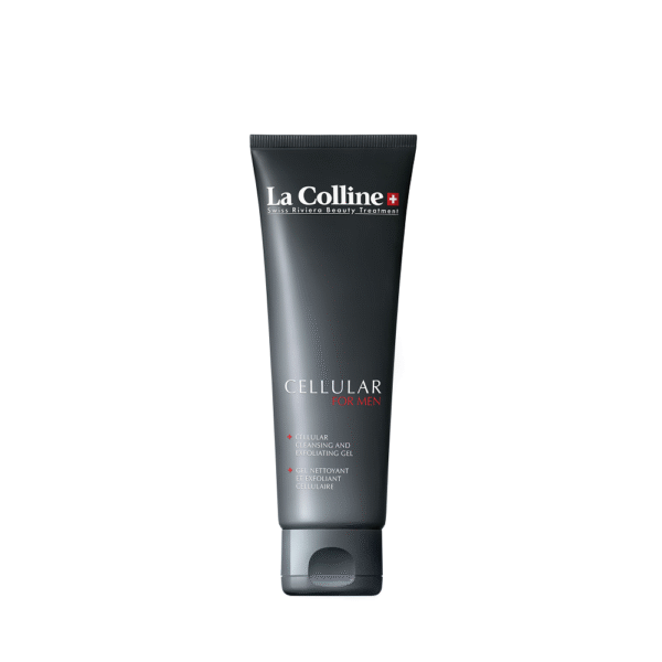 Zwarte tube La Colline Cellular for Men Cleansing and Exfoliating Gel van 150 ml tegen een witte achtergrond.