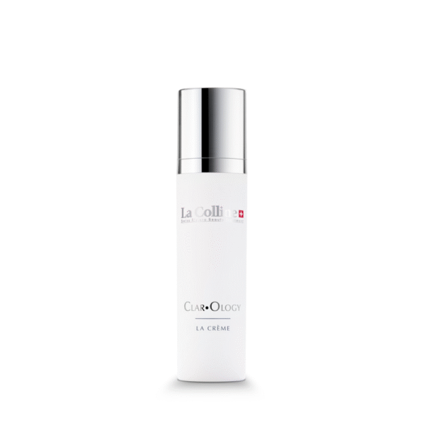 Witte flacon van La Colline Clar•Ology La Crème 50ML met zilverkleurige dop.