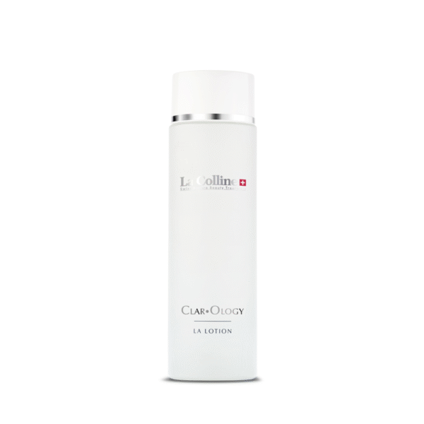 Witte flacon van La Colline Clar•Ology La Lotion 150ML met zilverkleurige details.