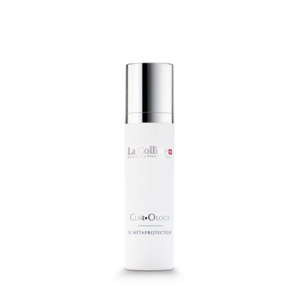 Witte flacon van La Colline Clar·Ology Le Métaprotecteur 30ML met zilverkleurige dop.