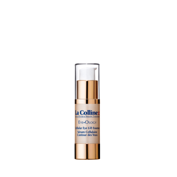 Flesje La Colline Eye-Ology Cellular Eye Lift Essence van 15 ml met pompdispenser.