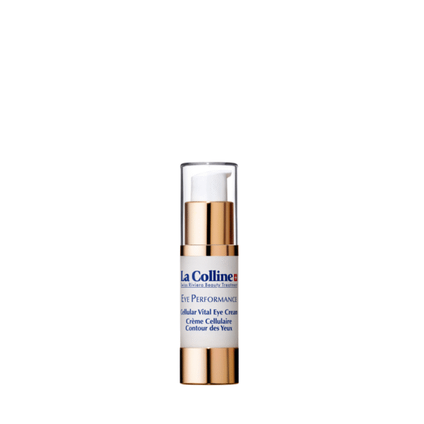 Flesje van La Colline Eye Performance Cellular Vital Eye Cream van 15 ml met goudkleurige pomp en transparante dop.