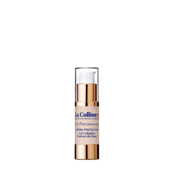 Flesje van 15 ml La Colline Cellular Vital Eye Gel met pompdispenser.