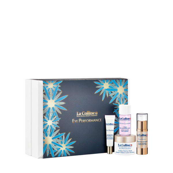 Luxe La Colline Eye Performance Set met vier verzorgingsproducten en een stijlvol geschenkdoosje.