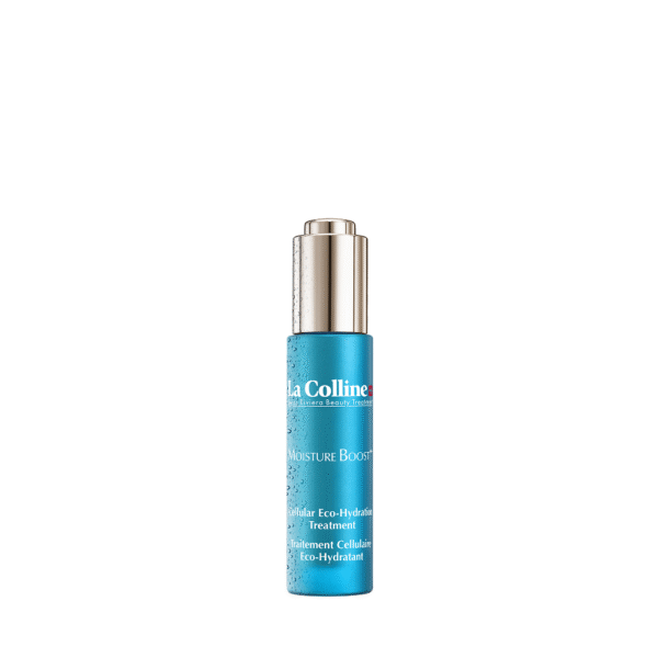 Blauwe flacon van La Colline Moisture Boost Cellular Eco-Hydration Treatment van 30ML met zilverkleurige dop.