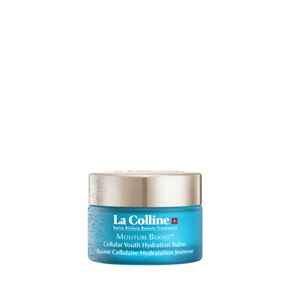 Blauw met zilverkleurig potje La Colline Moisture Boost Cellular Youth Hydration Balm van 50ML.