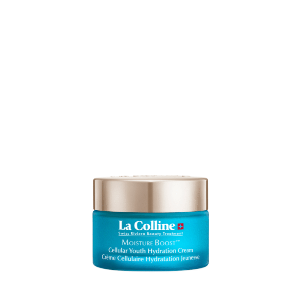 Blauwe pot La Colline Moisture Boost Cellular Youth Hydration Cream van 50ML met goudkleurige dop.