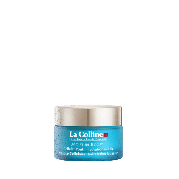 Blauw potje La Colline Moisture Boost Cellular Youth Hydration Mask van 50ML met zilverkleurige dop.