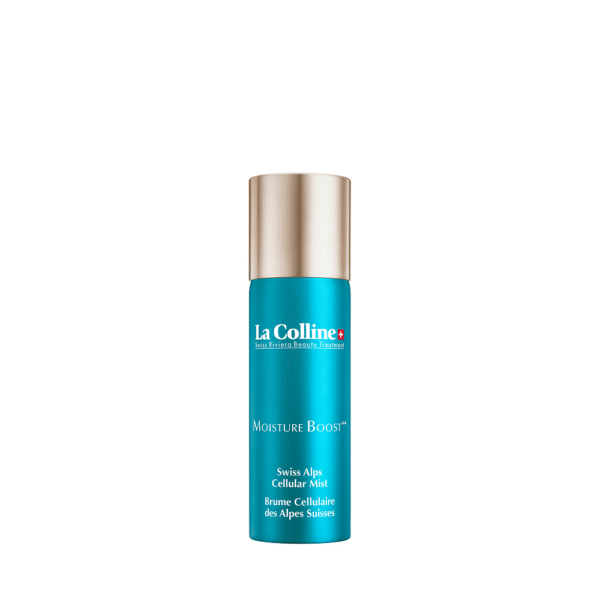 Blauwe sprayflacon van La Colline Moisture Boost Swiss Alps Cellular Mist 50ML met gouden dop.