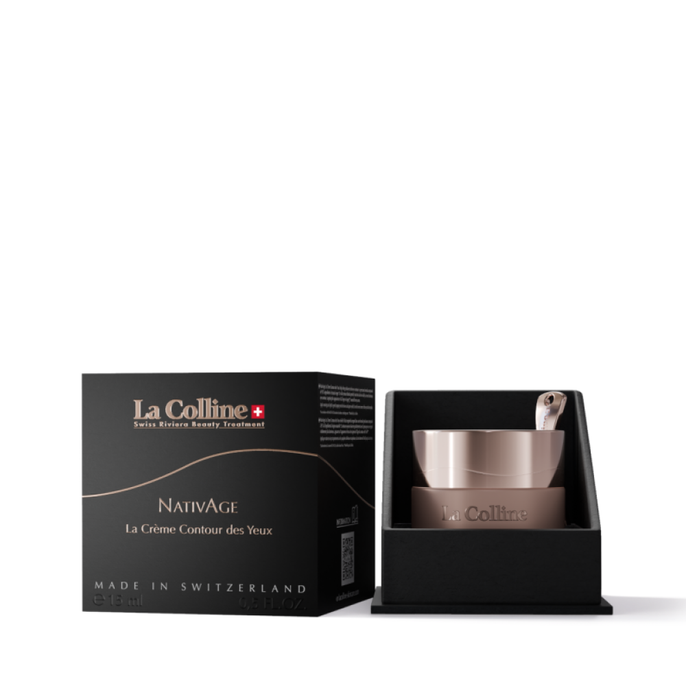 Verpakking van La Colline NativAge La Crème Contour des Yeux met geopende doos en potje crème zichtbaar.