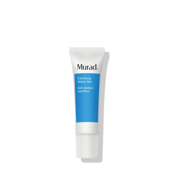 Tube van Murad Clarifying Water Gel met blauwe en witte verpakking op een witte achtergrond.
