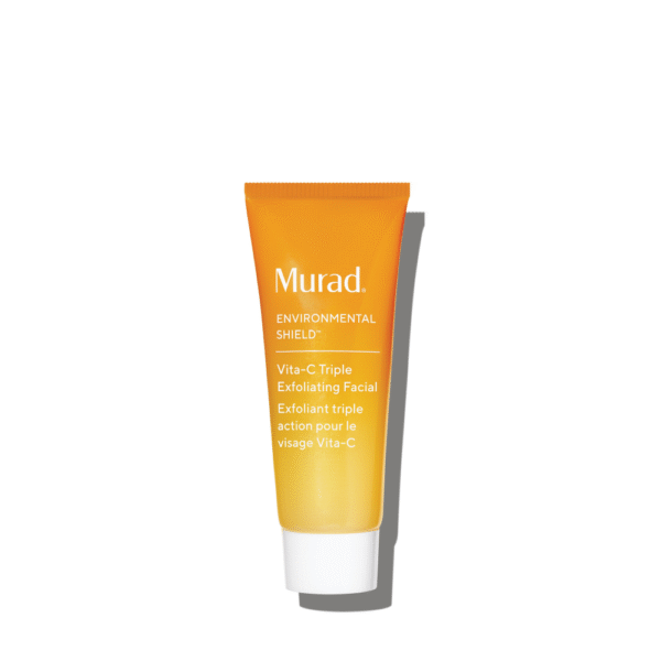 Oranje tube Murad Environmental Shield Vita-C Triple Exfoliating Facial tegen een witte achtergrond.