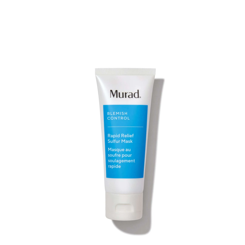 Witte tube Murad Rapid Relief Sulfur Mask tegen een witte achtergrond.