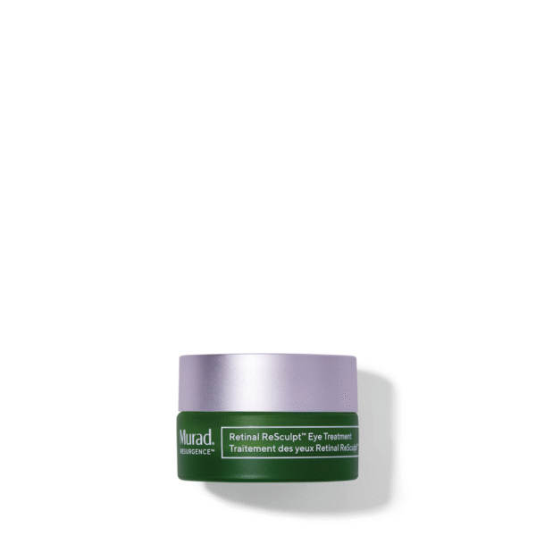 Groen potje Murad Retinal ReSculpt Eye Treatment met paarse dop tegen witte achtergrond.
