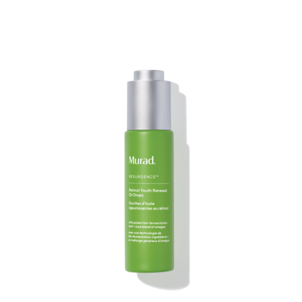 Groene flacon Murad Retinol Youth Renewal Oil Drops met zilverkleurige dop op een witte achtergrond.