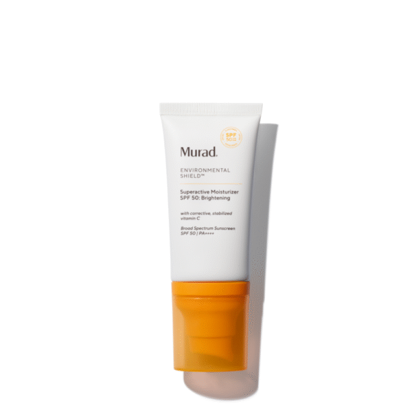 Tube van Murad Superactive Moisturizer SPF 50 Brightening met oranje pomp.