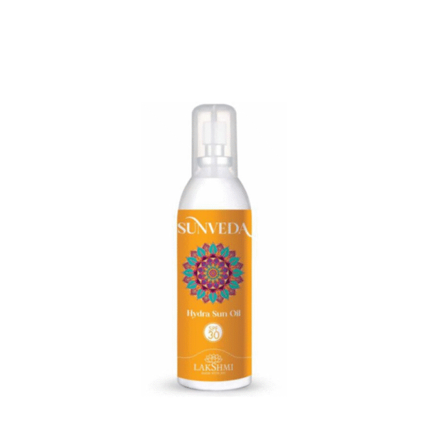 Fles Sunveda Hydra Sun Oil SPF 30 van 150 ml met oranje etiket en kleurrijk mandala-ontwerp.