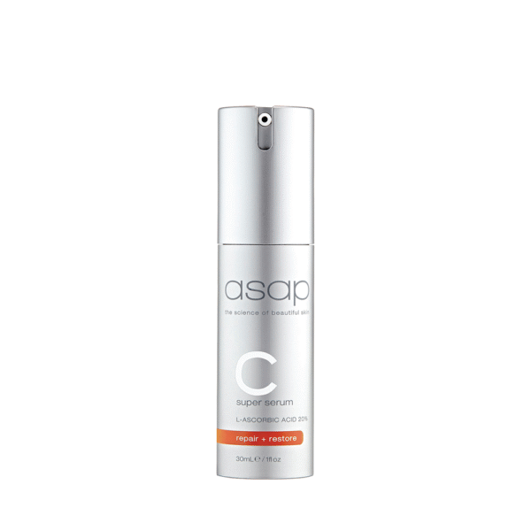 Zilverkleurige flacon van asap C super serum 30ml met vitamine C en herstelende werking.