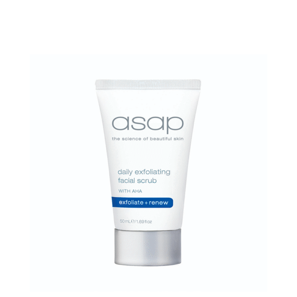 Witte tube van asap daily exfoliating facial scrub 50ml met zilverkleurige dop.