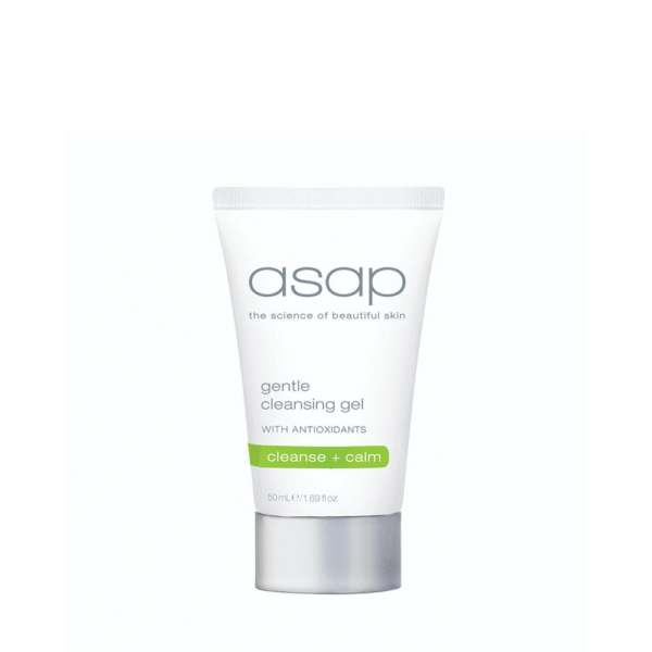 Witte tube van 50 ml asap gentle cleansing gel met zilverkleurige dop en groene opdruk cleanse + calm.