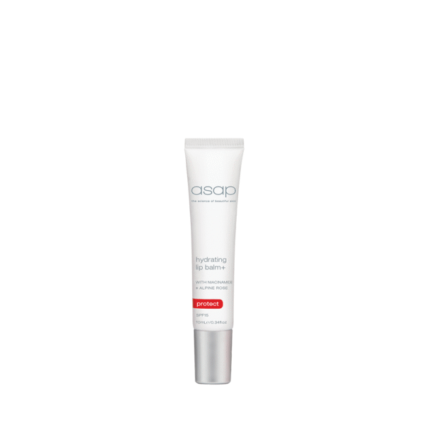 Witte tube asap hydrating lip balm+ met zilverkleurige dop en rode protect-markering.