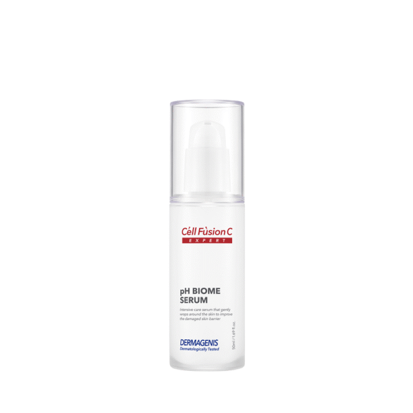 Witte flacon van Cell Fusion C Expert pH Biome Serum met pomp en doorzichtig dopje.