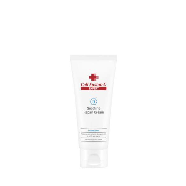 Verpakking van Cell Fusion C Expert Soothing Repair Cream met witte tube en rood logo.