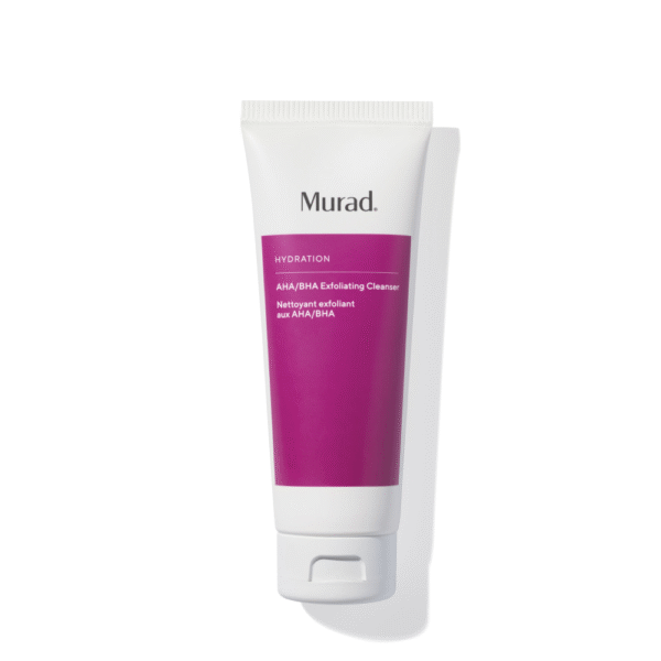 Witte tube Murad AHA/BHA Exfoliating Cleanser met paarse opdruk op een witte achtergrond.