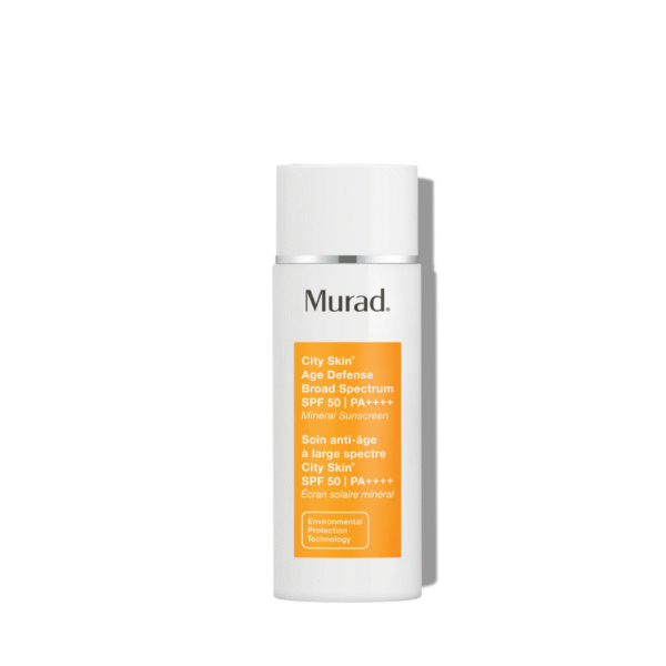 Witte flacon van Murad City Skin Age Defense SPF 50 zonnecrème met oranje label.