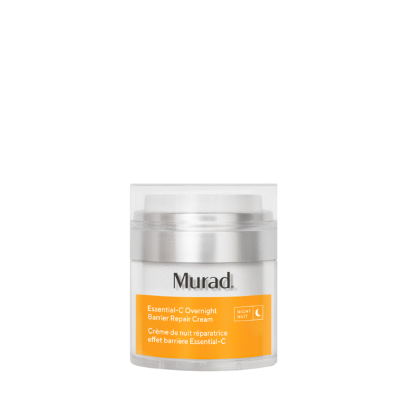Witte pot Murad Essential-C Overnight Barrier Repair Cream met oranje label en zilverkleurige dop.