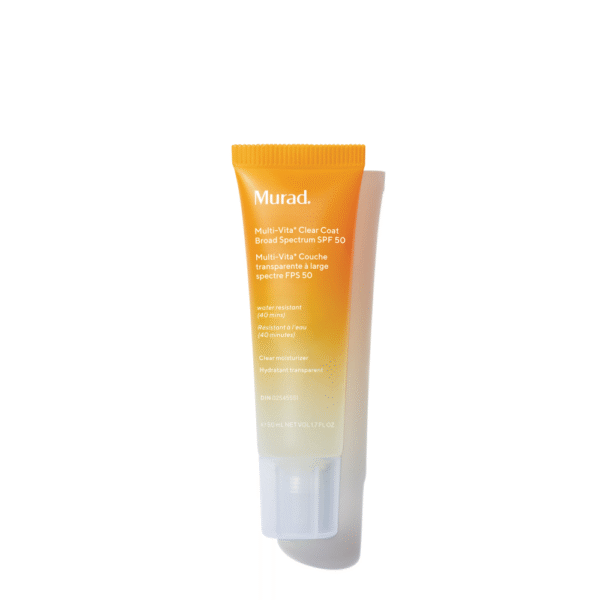 Oranje tube Murad Multi-Vita Clear Coat SPF 50 zonnebrandcrème van 50 ml tegen een witte achtergrond.