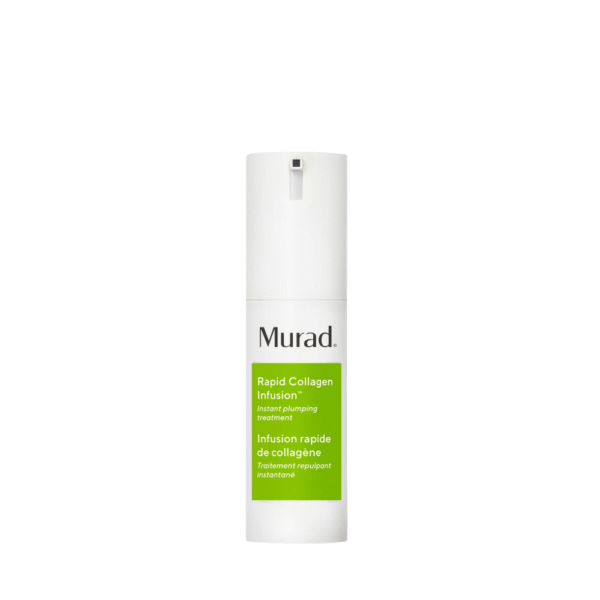 Witte flacon van Murad Rapid Collagen Infusion 30ml met groene label en pompdispenser.