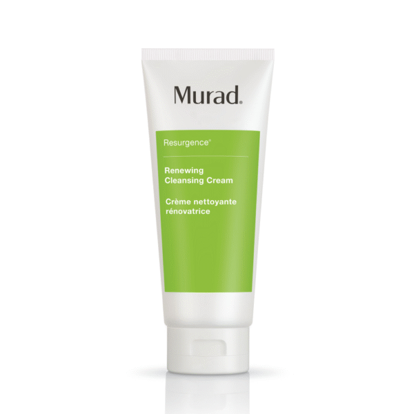 Witte tube Murad Resurgence Renewing Cleansing Cream met groene opdruk op een witte achtergrond.