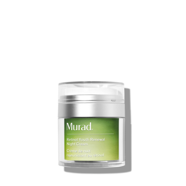 Potje Murad Retinol Youth Renewal Night Cream met groene en zilveren verpakking op een witte achtergrond.