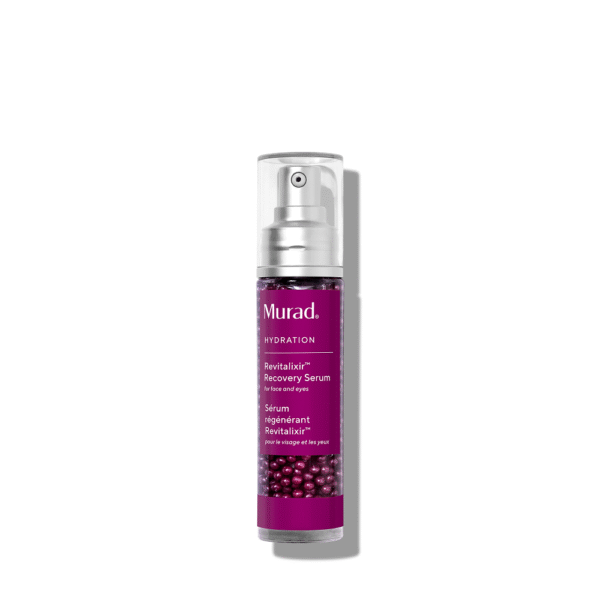 Paarse flacon van Murad Revitalixir Recovery Serum van 40 ml met pompdispenser.