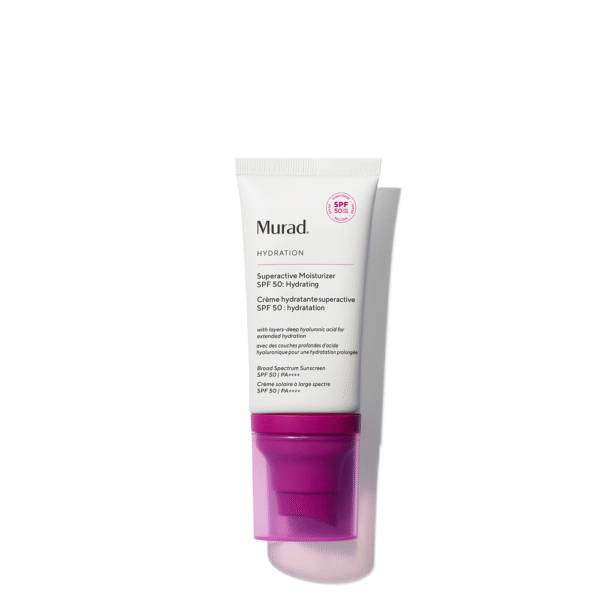 Tube van Murad Superactive Moisturizer SPF 50 Hydrating met witte verpakking en paarse pomp.