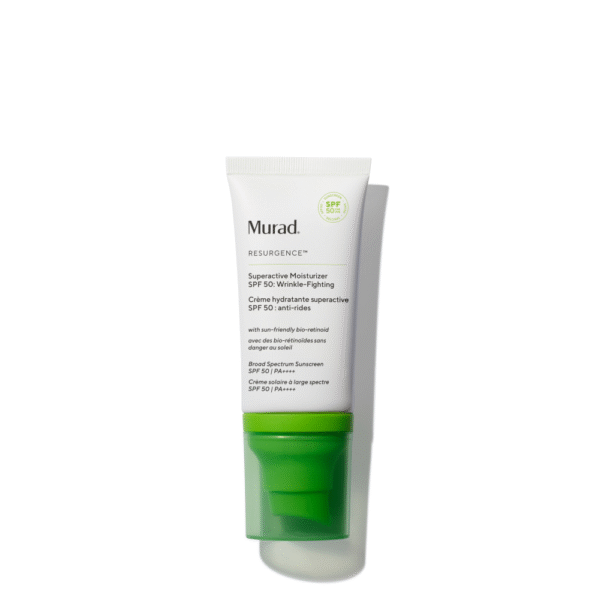 Tube van Murad Resurgence Superactive Moisturizer SPF 50 Wrinkle-Fighting met groene pompverpakking.
