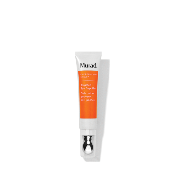 Tube van Murad Targeted Eye Depuffer met oranje en witte opdruk en metalen applicator.
