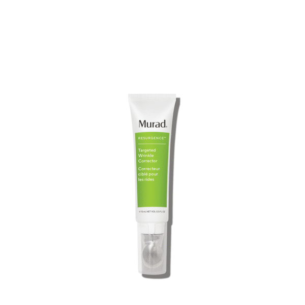 Tube van Murad Resurgence Targeted Wrinkle Corrector met groene opdruk en een applicator aan de onderkant.