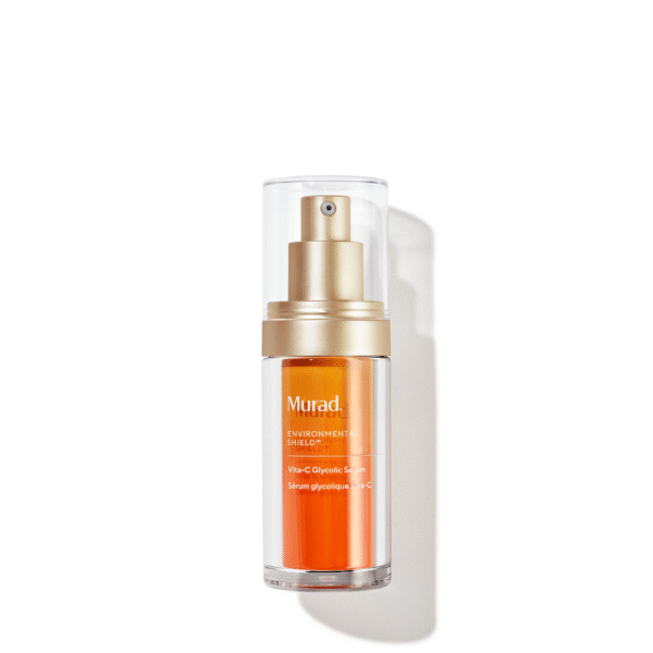 Flesje Murad Vita-C Glycolic Serum met gouden pomp en doorzichtige dop tegen witte achtergrond.