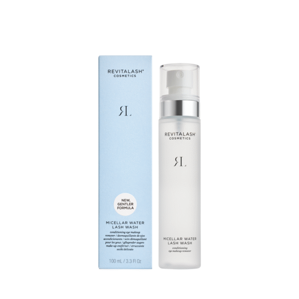 Verpakking en flesje van Revitalash Micellar Water Lash Wash oogmake-upreiniger van 100 ml.